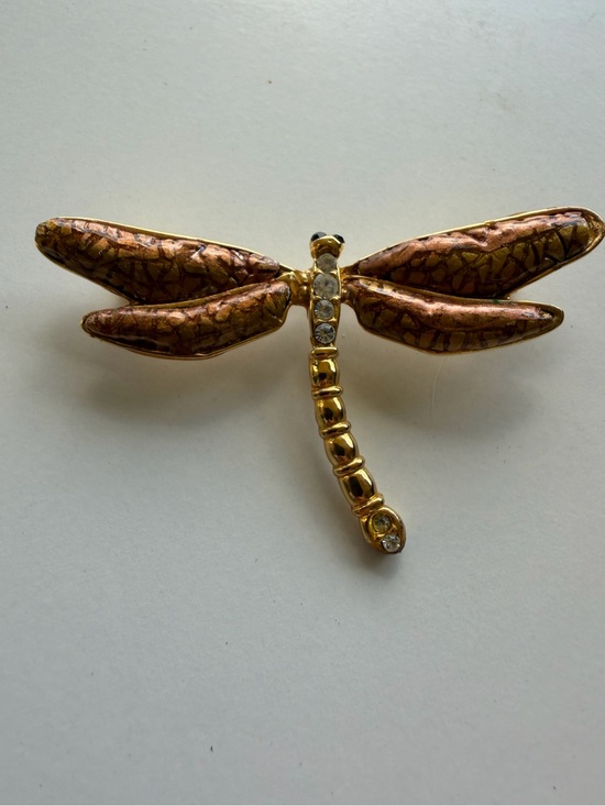 St. John’s Knits Jewelry - Gold & Copper Dragonfly Brooch with Crystal Accents